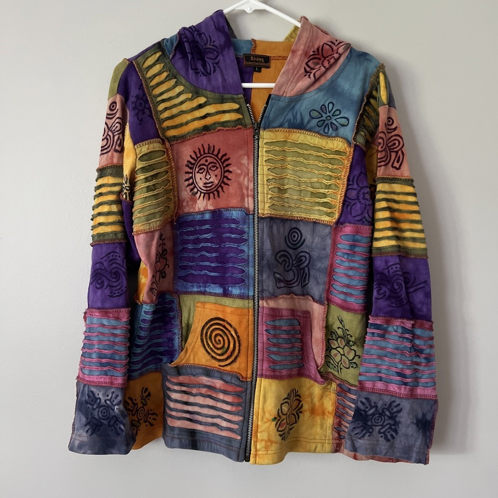 Rising International Patchwork Hoodie Jacket Womens Size L Hippie Boho Tie Dye
